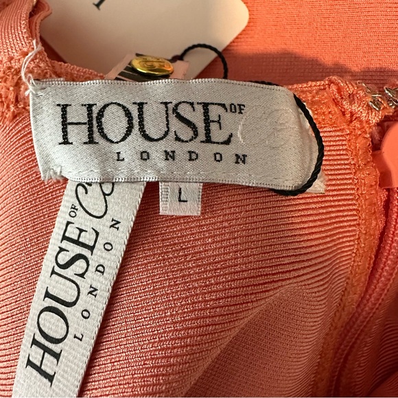 House of CB London Savannah V-Neck Low Plunge Bodycon Dress in Peach Size L - Picture 14 of 15